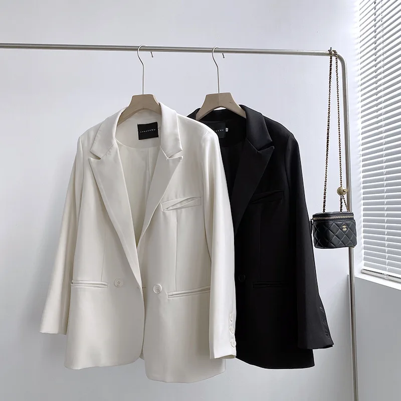 

2021 Spring Korean Style Women White Blazer One Button Long Sleeve Elegant Loose Casual Cardigan
