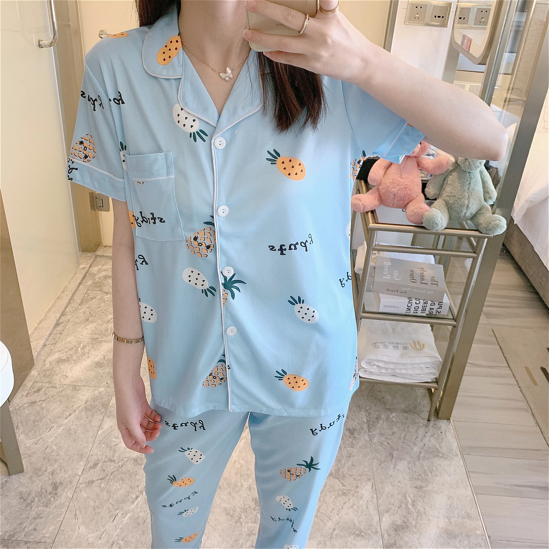 

Summer Women Short Sleeve Pajamas Set Trousers Top Sleepwear Two Piece Home Pyjamas Suit Blue Pineapple Lapel Cardigan Pajama