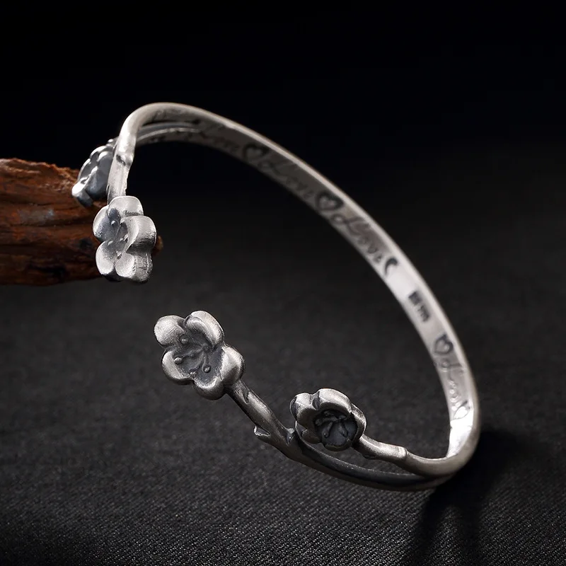 

Тонкий браслет из стерлингового серебра 999 пробы для девушек, простой однотонный браслет в ретро-стиле из сливы, серебряный матовый браслет ...