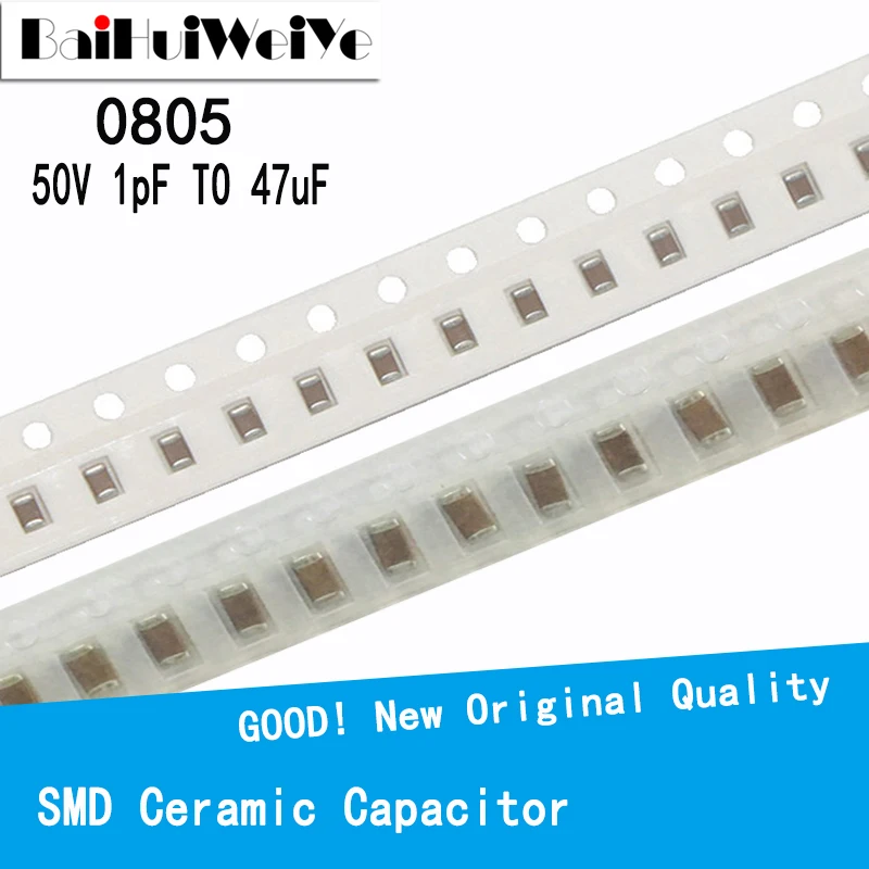 

100PCS/LOTE X7R Error 10% 50V 0805 0.1UF 104 1pF ~ 47uF SMD Thick Film Chip Multilayer Ceramic Capacitor 2.2pF 1.2pF 4.7uF