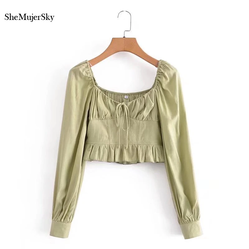 

SheMujerSky Women Sexy Off Shoulder Green Shirts 2022 Long Sleeve Ruffles Cropped Tops Elastic Slim Blouses