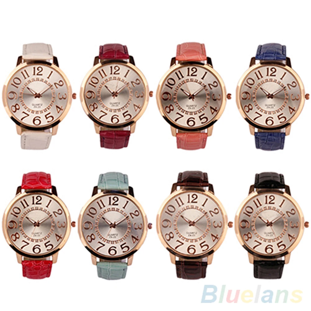 

7 Colors Men Women Big Arabic Numerals Rhinestone Inlaid Faux Leather Round Quartz Analog Wrist Watch Authentic No Waterproof