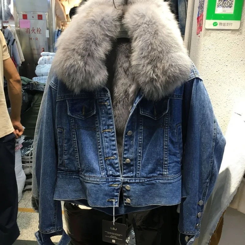 

2020 winter women thick warm real rabbit fur lining fox fur turn down collar denim jackets Korean casual short jeans coats A253