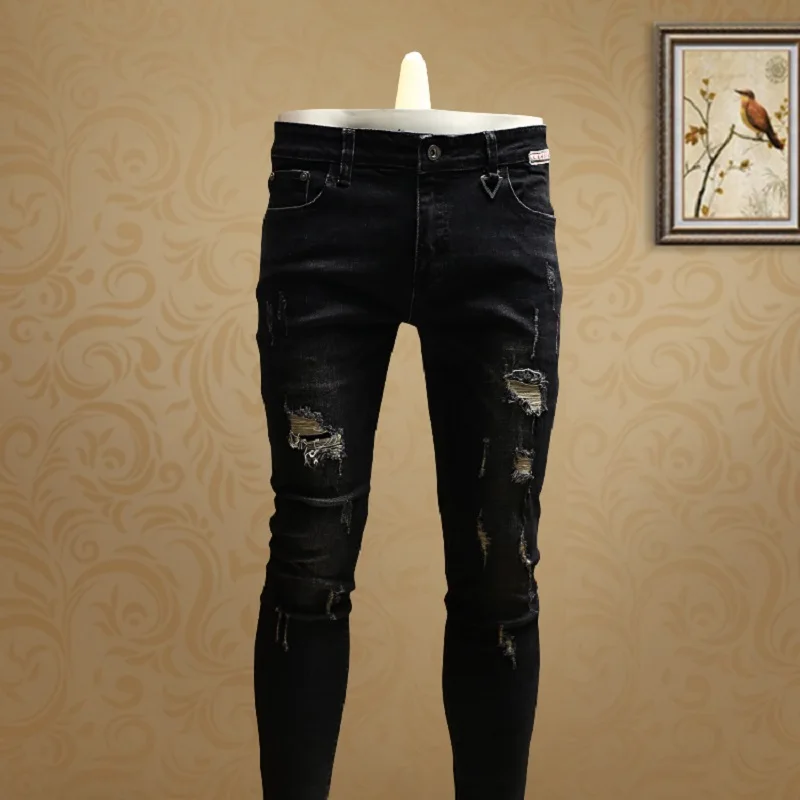 Casual Men Skinny Ripped Jeans Black Denim Pants for Streetwear Cowboys PSMJ70