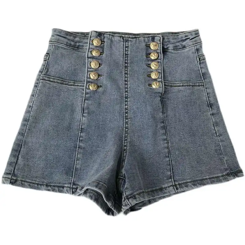

Double-breasted high waist stretch denim wide-leg pants women summer Korean fashion all-match thin A-line shorts hot pants trend