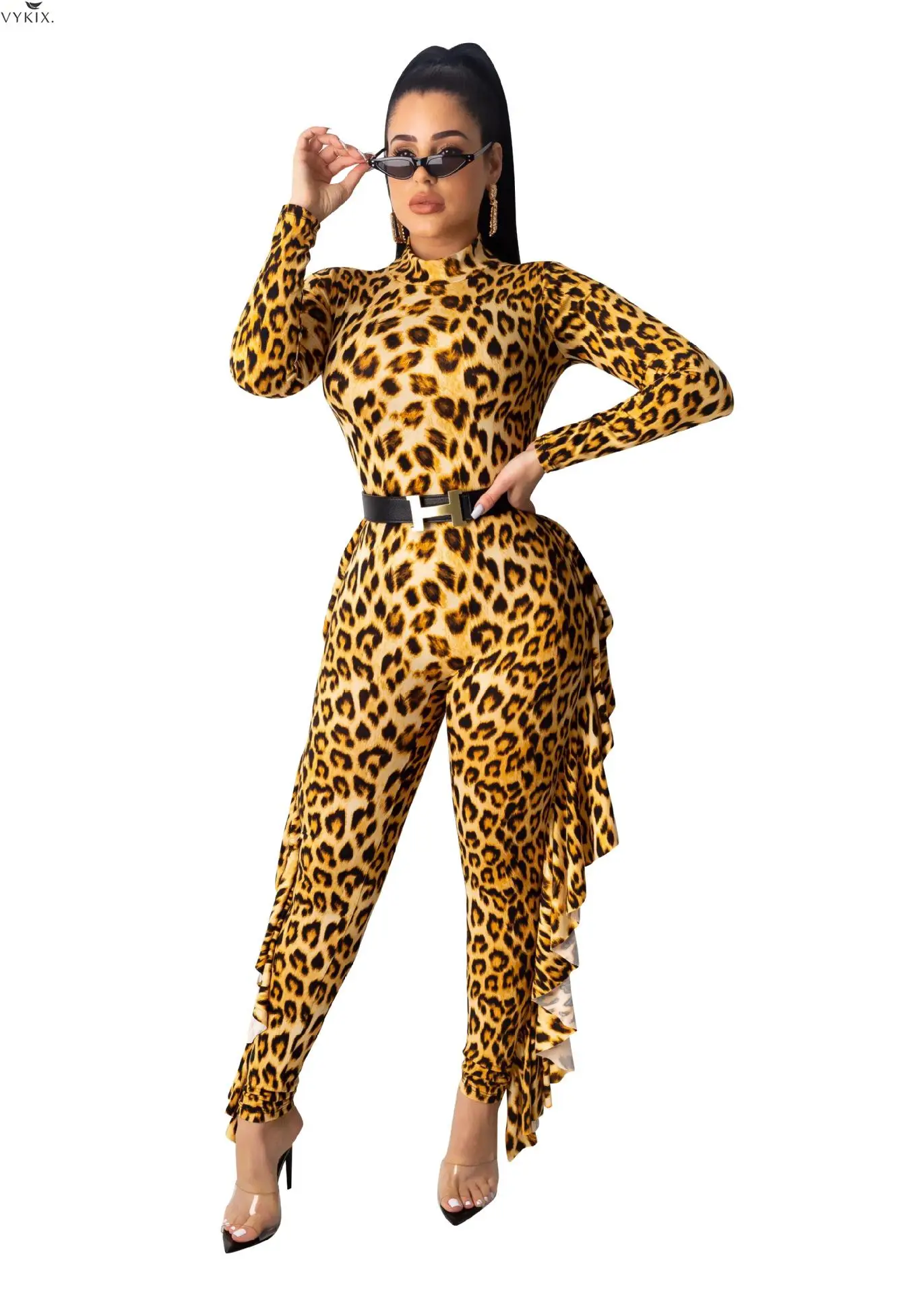 Женский комбинезон с круглым вырезом длинным рукавом леопардовым принтом