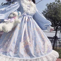coolfel japanese kawaii lace lolita dress women harajuku peter pan collar puff sleeve blue loose maid dresses cosplay costume