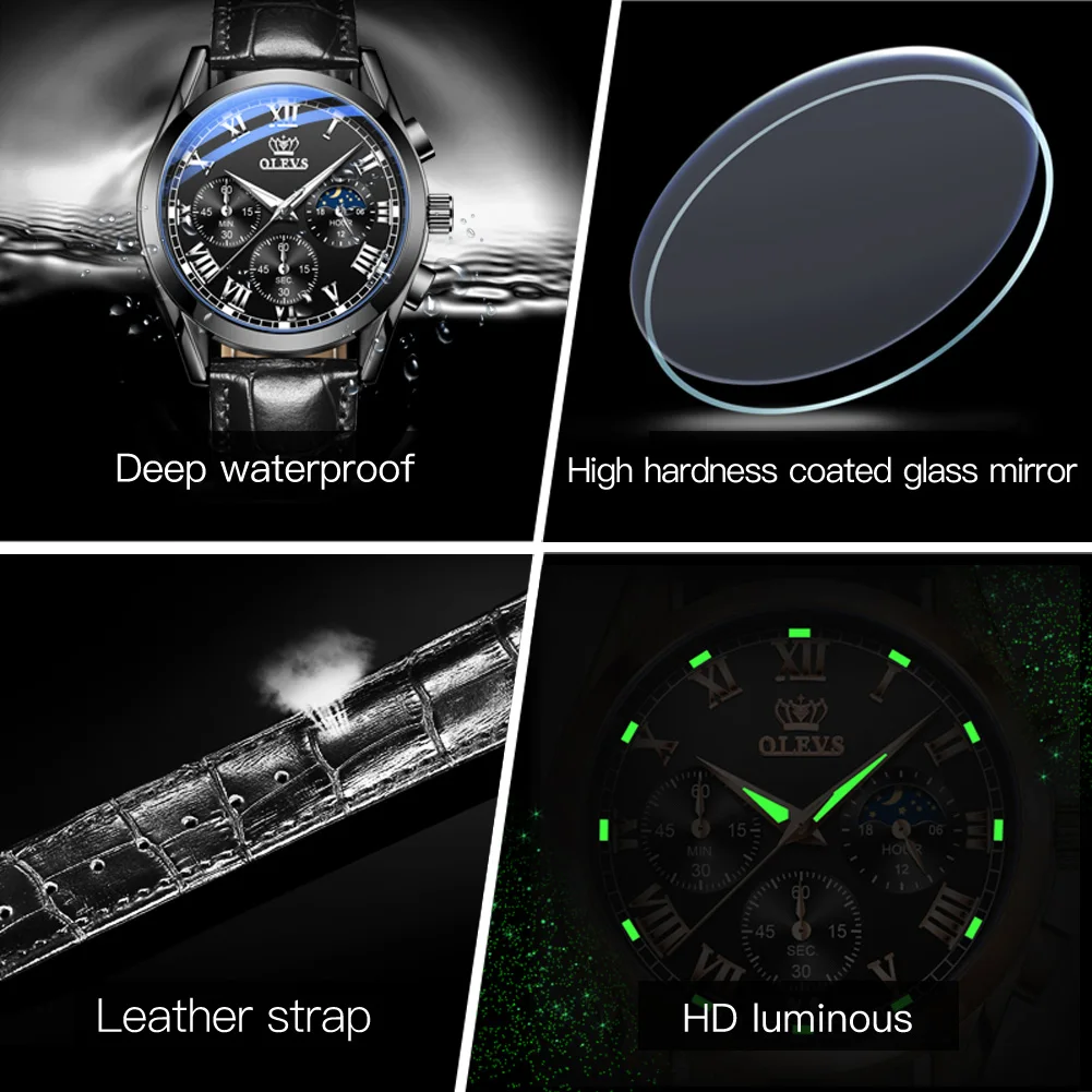 

OLEVS Mens Watches Top Brand Luxury Business Waterproof Quartz Leather Strap Chronograph WristWatch Gift for Male - 2871