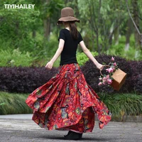 tiyihailey 2021 free shipping fashion long maxi a line elastic waist women summer cotton linen s 2xl flower big hem print skirts