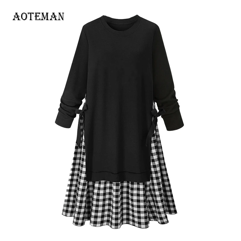 Женское клетчатое платье с круглым вырезом повседневное офисное длинными