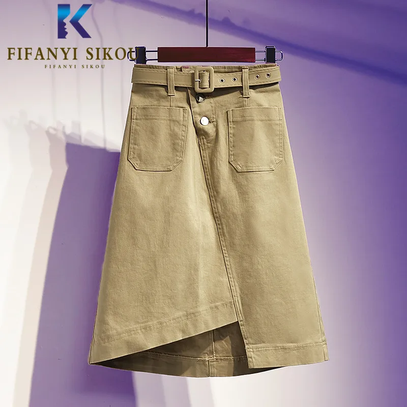 Khaki Denim Skirt Women Asymmetry Double Pocket Fashion High Waist Midi Long Skirt Female Summer Loose Jeans Skirts With Belt