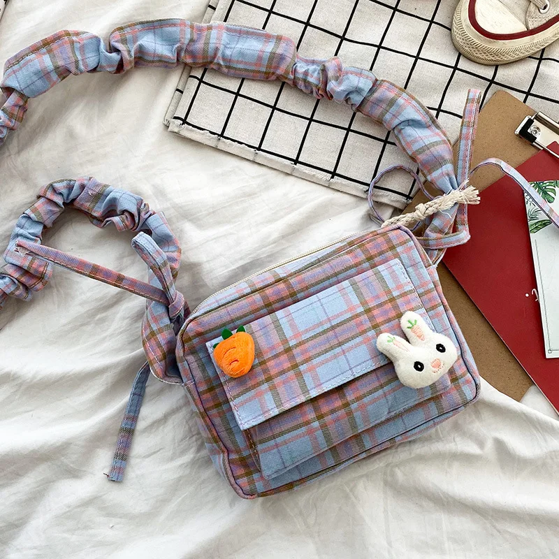 

2021 Women Canvas Messenger Bag For Student Girls Lovely Lattice Crossbody Shoulder Bags Fashion Bags Korea INS Style Bag