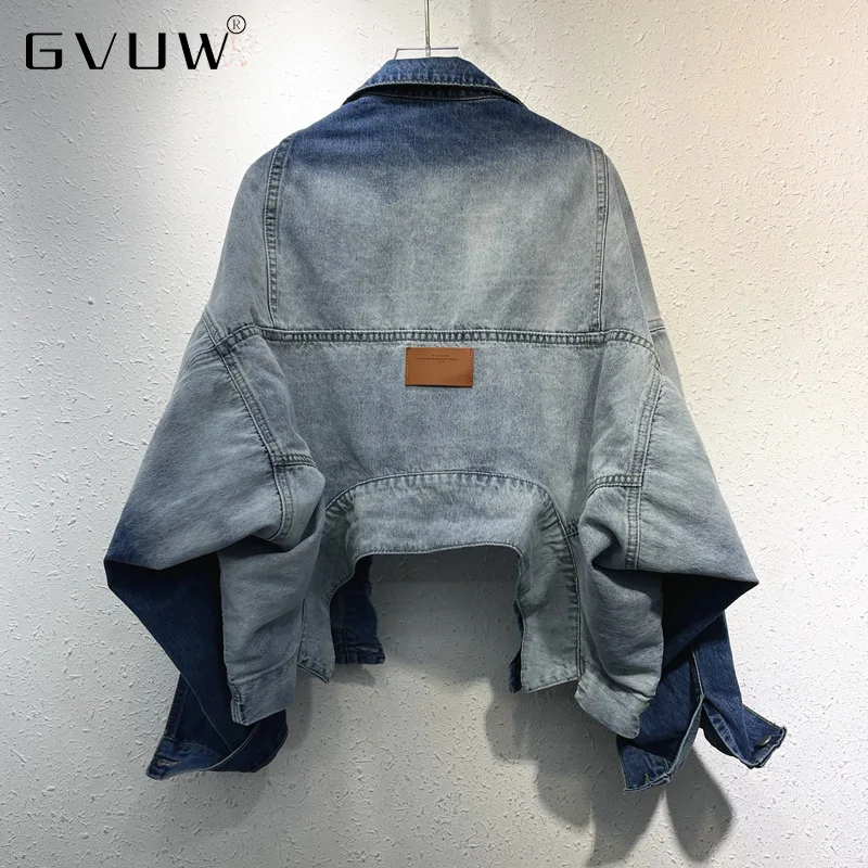 

GVUW Women's Up Down Two Wear Denim Jacket Fashion Gradient Color Jeans Jacket Bat Sleeve Short Coat Streetwear Female KB2001