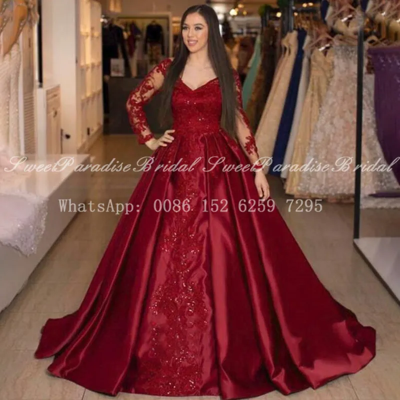 

2020 Burgundy Sheer Lace Long Sleeves Quinceanera Dresses With Beads V Neck Puffy A Line Sweet 16 Dress Pageant Vestidos