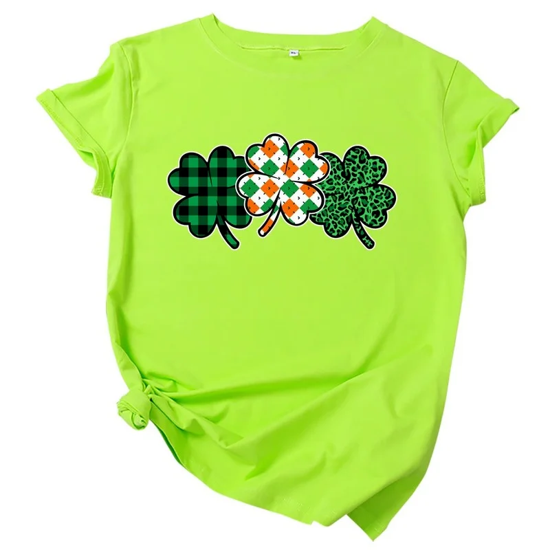 

S-5XL plus size four-leaf clover print TShirt 100% cotton Harajuku women's O-neck short-sleeved summer top