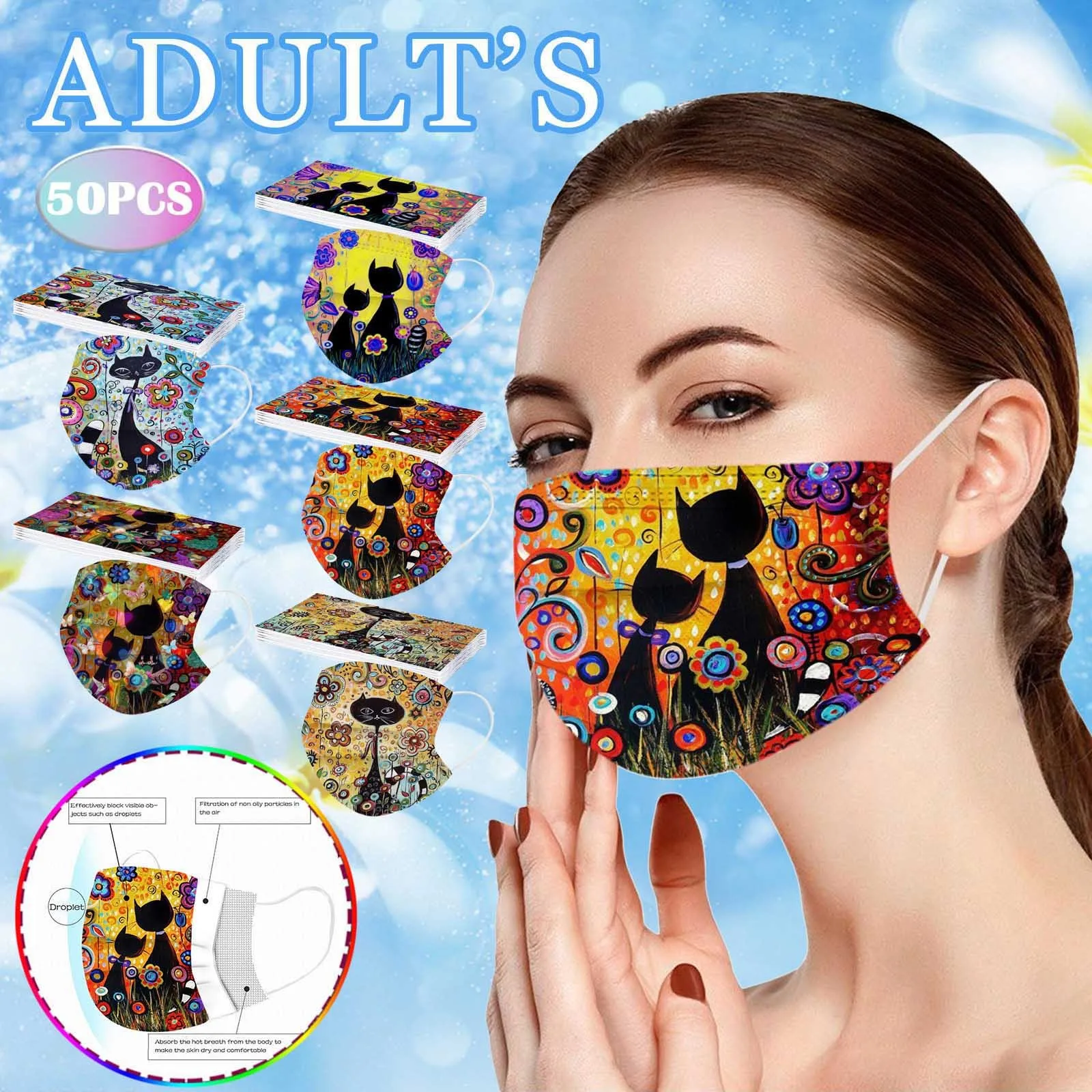 50 шт. одноразовые маски для лица взрослых цветы кошка мультяшные рисунки