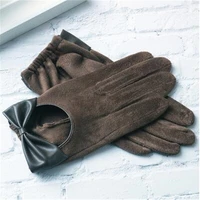spring autumn suede leather bow gloves ladys hollow out full finger leather gloves pink driving glove