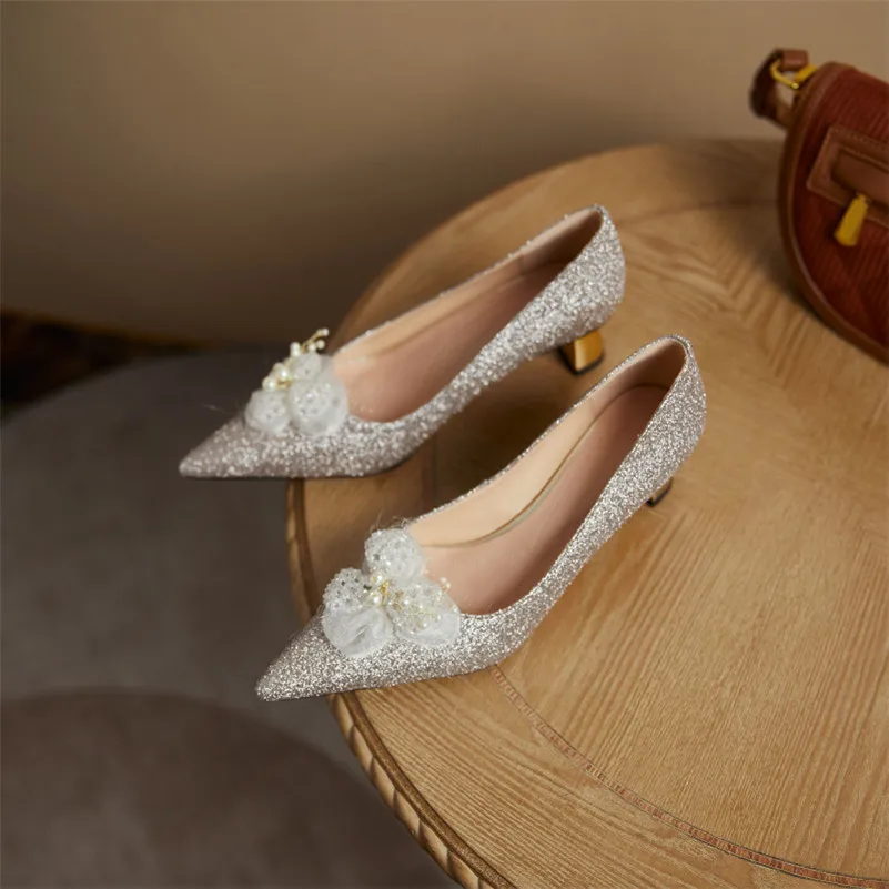 

ANNYMOLI Women Pointed Toe Shoes Genuine Leather High Heels Pumps Bling Strange Style Heel Pearl Flower Female Footwear Beige 43