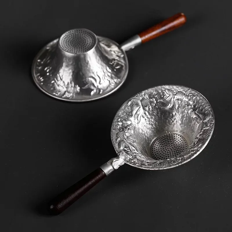 Embudo de esta&ntilde;o hecho a mano de estilo japon&eacute;s, utensilio para Ceremonia de t&eacute;, filtro de madera negra, polvo, malla met&aacute;lica, accesorios para t&eacute;-1