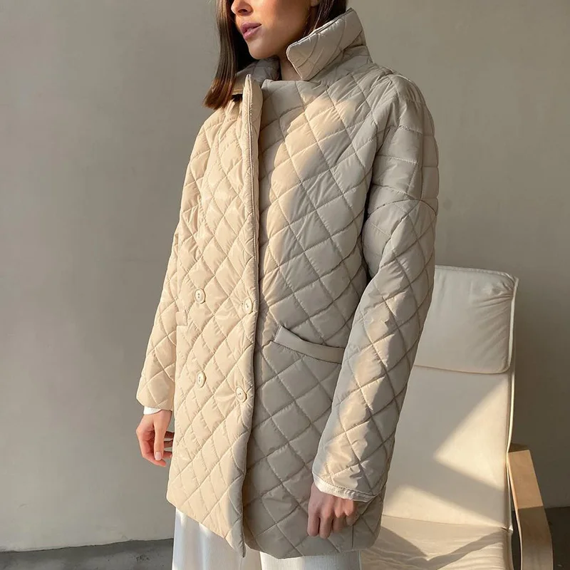 

CP Autumn Pockets Parkas Women Fashion Buttons Argyle Coat Women Elegant Turn Down Collar Long Cotton Jacket Female Ladie