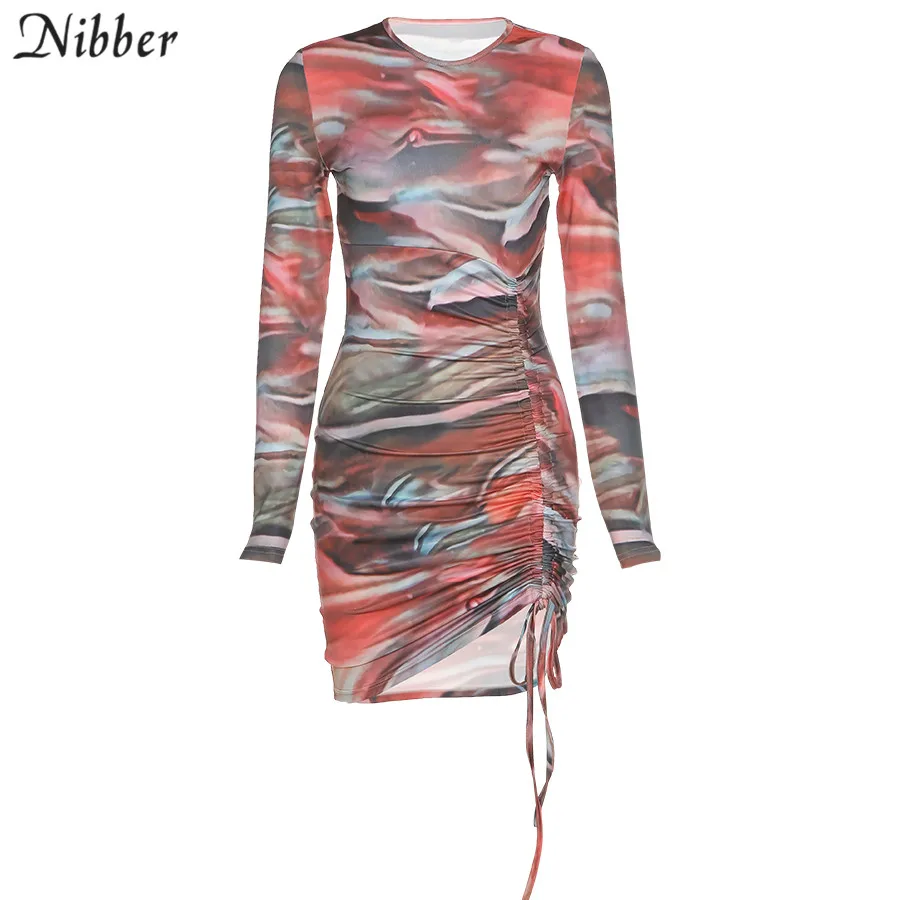

Nibber Autumn Basic Drawstring Design Printed Graphics Dress For Women Street Casual Wear Long Sleeve Bodycon Mini Dress Female