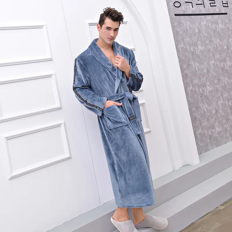 Lapel Haze Blue Мужской зимний халат размера плюс, длинный уютный фланелевый Халат, кимоно, теплый банный халат из кораллового флиса, ночной меховой халат, женский халат, одежда для сна - Цвет: Lapel Haze Blue
