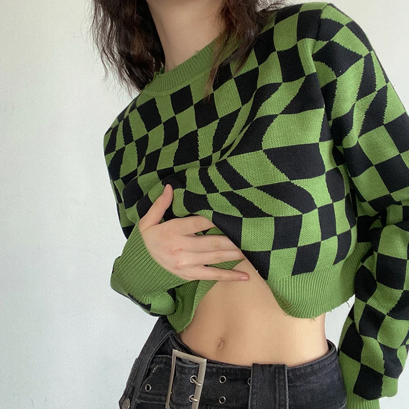 

Sunny y.j.Argyle Printed Aesthetic Y2K Sweater Pull Women Harajuku Green Crop Sweater E Girl Jumper Crewneck Vintage 90S Tops