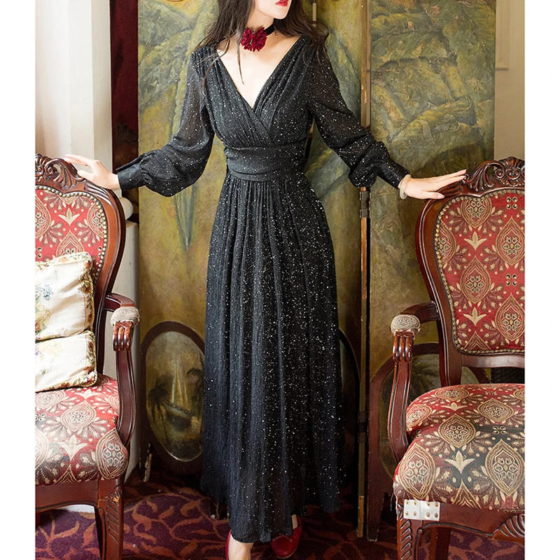 Женское длинное платье с высокой талией плиссированное вечернее V-образным