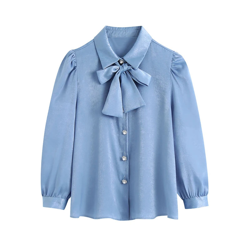 

2021 ZA Women satin Fashion With Bow Tied Cozy Blouses Vintage Three Quarter Sleeve Rhinestone Buttons Female Shirts Chic Tops