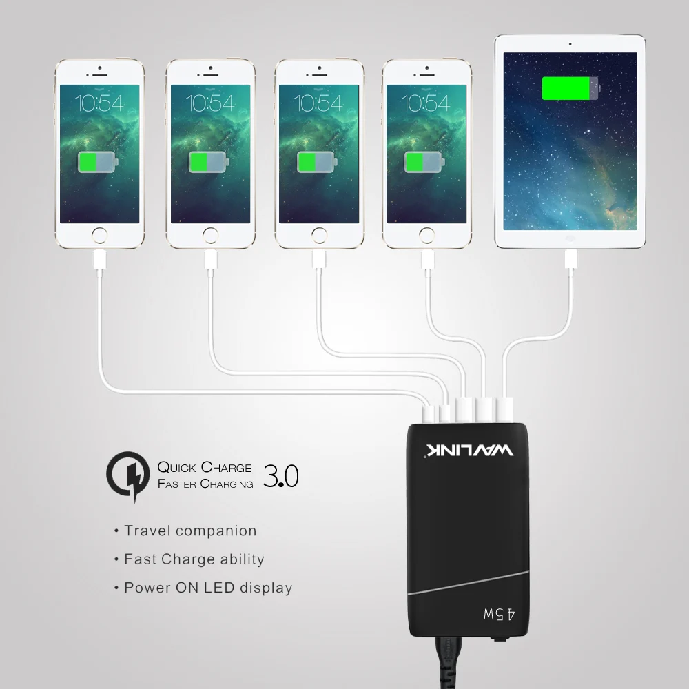 Дорожное зарядное устройство с 5 USB-портами 45 Вт/9 А высокоскоростное настенное USB 3