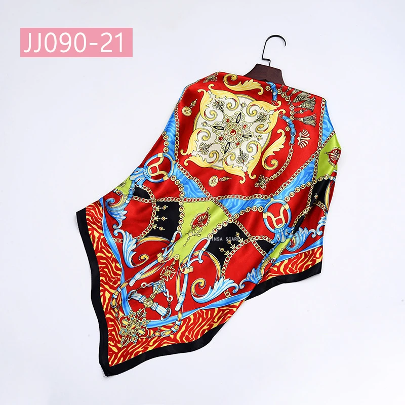 JJ090-21 90*90 см квадратный шарф для женщин, подходит ко всему, элегантные цветочные шарфы для волос, Женская бандана, весна-осень, атласные шелковые шарфы, шаль - Цвет: JJ090-21