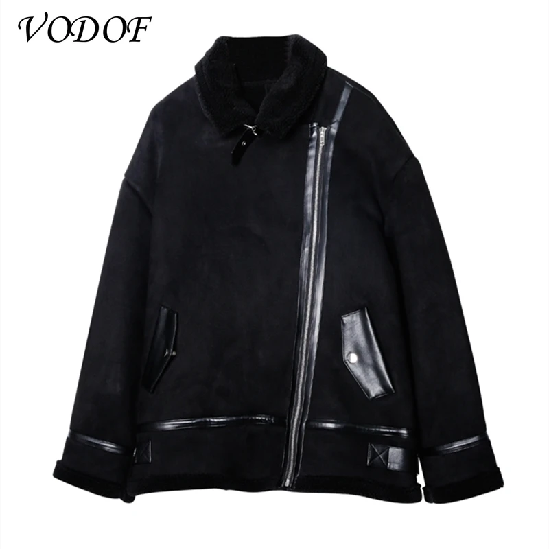 VODOF 2021 Winter Coats Women Thick Faux Leather Fur Sheepskin Coat Female Fur Leather Jacket Aviator Jacket