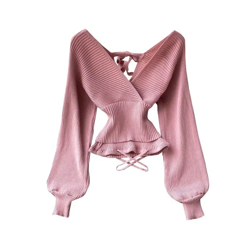 

WIGADFHK 2021 Fashion Sexy Cross V-Neck Women's Sweaters Autumn Winter Bottoming Slim Female Jumper Casual Solid Tops