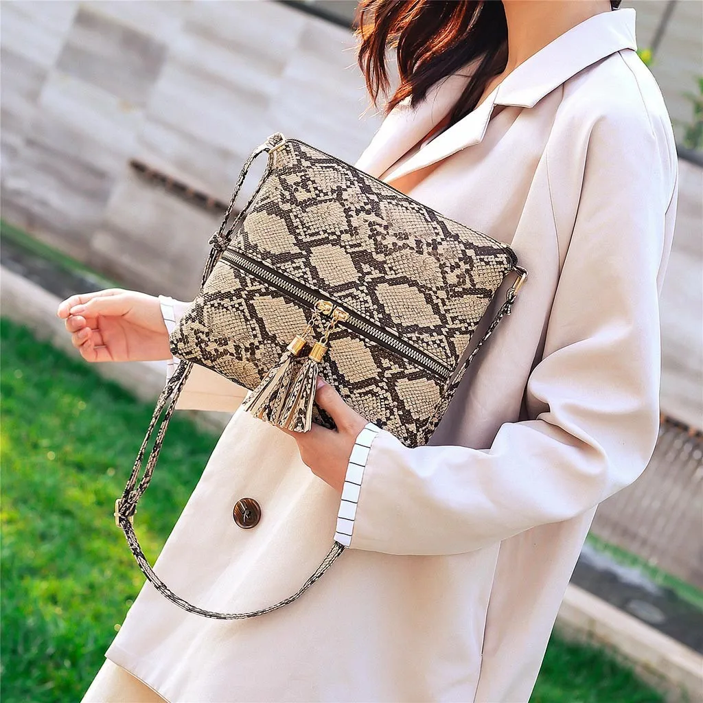 Fashion Women Tassel Snake Printing Zipper Messenger Bag Handbag Shoulder Bag Elegant Small Square Bags#YJ