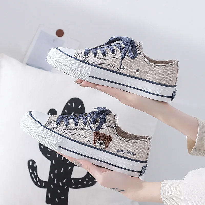 

2021 Spring Canvas Shoes Female Bear Low-Cut High-Top Shoes Student Women Trendy Casual Lace-Up Vulcanized Shoes