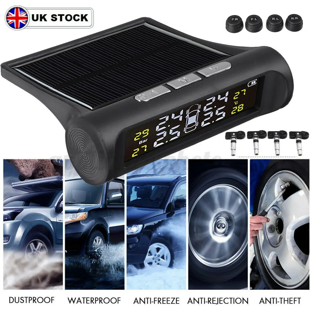 

TPMS Solar Wireless Car Tire Pressure LCD Monitoring System 4 External Sensors
