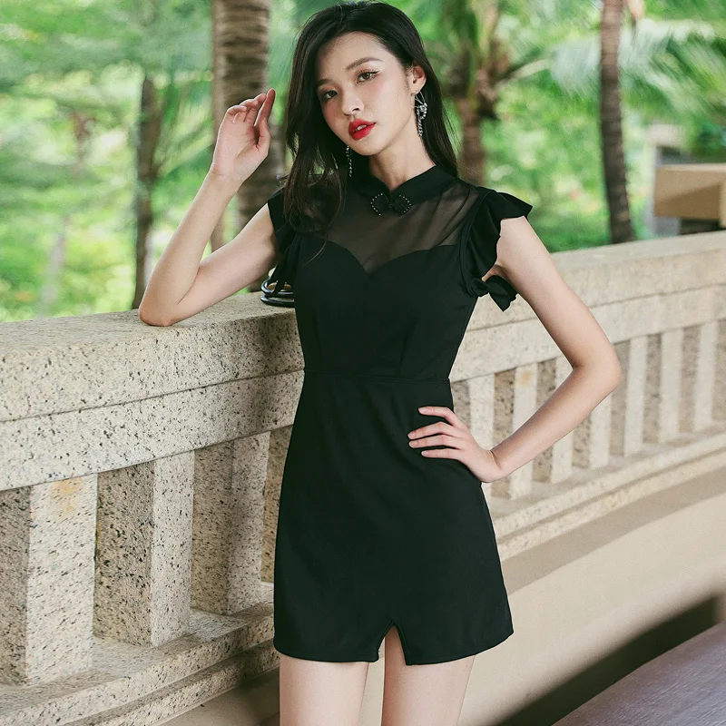 

High Collar One Piece Swimwear Ruffle Sleeves Swim Monokini Mesh Tummy Control Swimdress Sexy Open Back Beach Bathing Suit