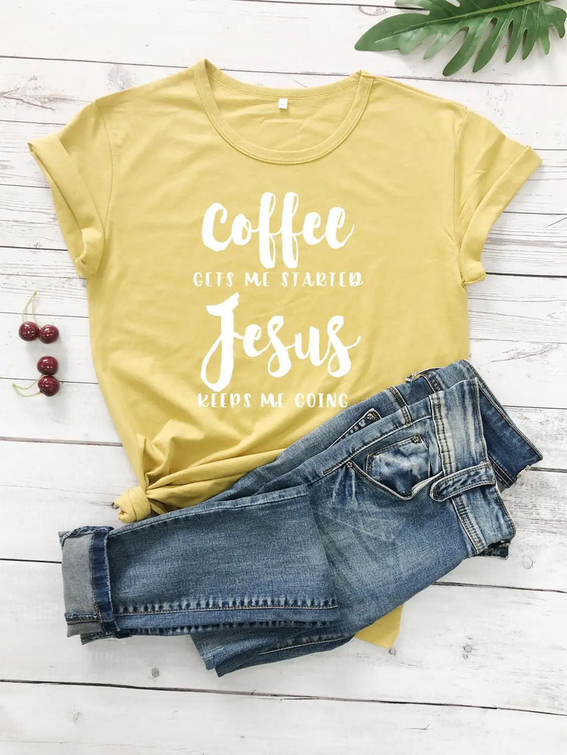 Футболка с надписью «coffee Gets Me Started Jesus», религиозная одежда, Стильная хлопковая футболка, забавный стих из Христианской Библии, графитная одежда, Топ - Цвет: mustard--white text