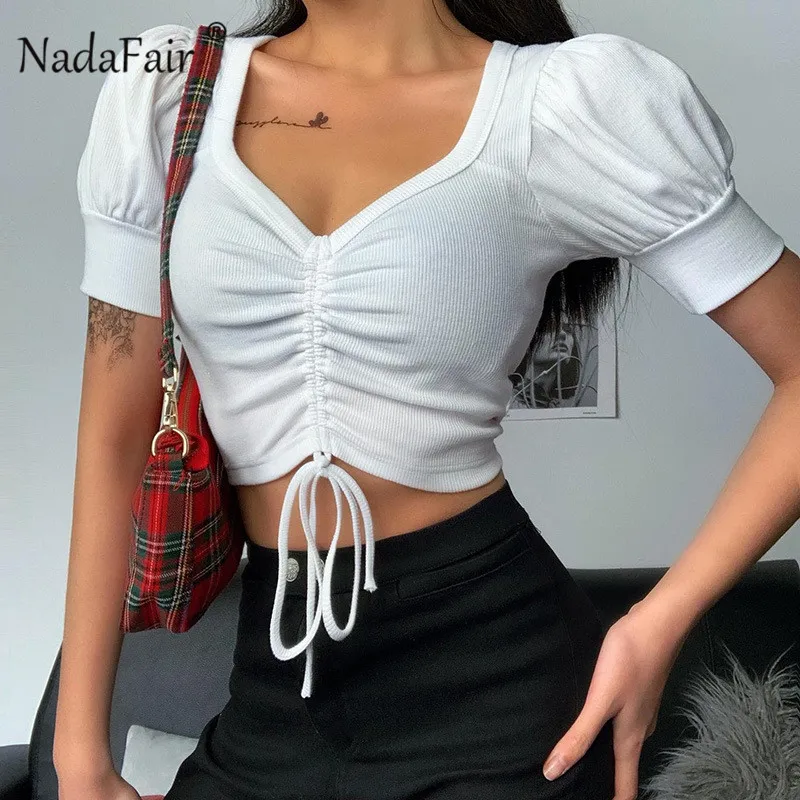 Nadafair String Puff Top White Knitting Short Sleeve Crop Casual Blue Summer Tank Tops Women | Женская одежда