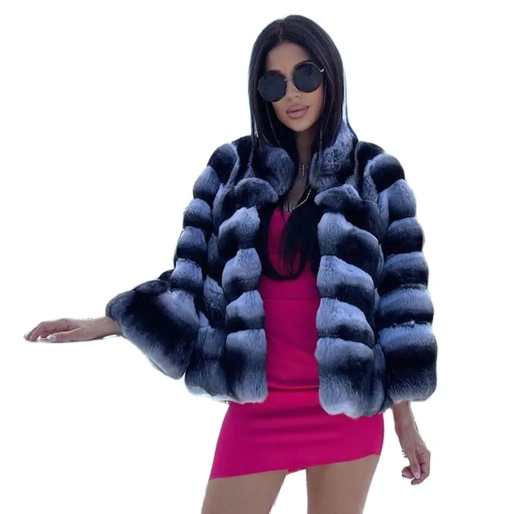 Women Natural Rex Rabbit Fur Coat Stand Collar New Trendy Woman Genuine Rex Rabbit Fur Jacket Chinchilla Color Fur Overcoats
