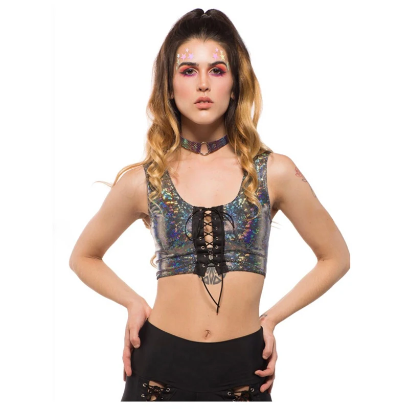 Женская праздничная одежда голографический укороченный топ пикантный кружевной