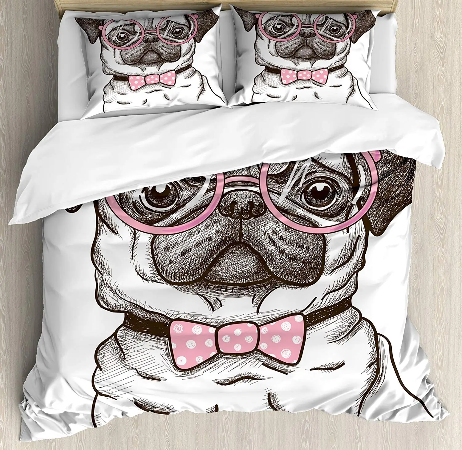 Pug Duvet Cover Set Pet Dog with Pink Bow Tie Oversized Glasses Hand Drawn Domesticated Decorative 3 Piece Bedding Set