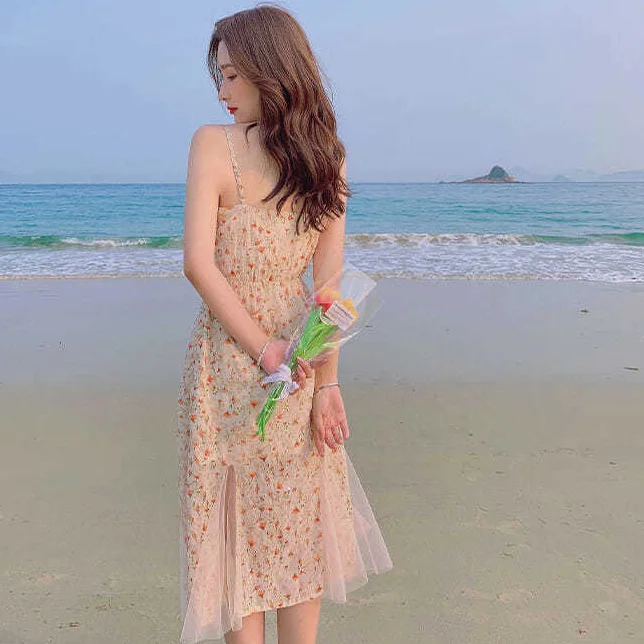 Платье для женщин Летняя блузка для женщин с круглым вырезом на горле с пышными рукавами, короткой рубашкой и подтяжками с цветочным принтом.