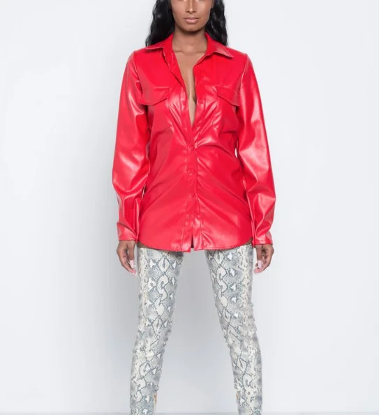 

Женская Повседневная кожаная рубашка, блузка на пуговицах с длинным рукавом и отложным воротником, офисные топы с карманами для улицы, 2021