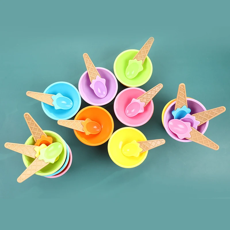 

12Pcs Children Colored Ice Cream Bowl + Cone Spoon Plastic Bowl Party Accessory