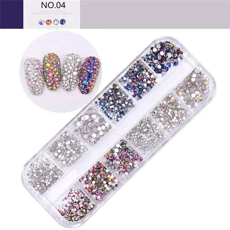 

1440 Pcs Multi Size 3D Nail Art Jewelry Set Mixed Color Flat Glass Diamond Nail Gems Rhinestones DIY Manicure Nail Accessories