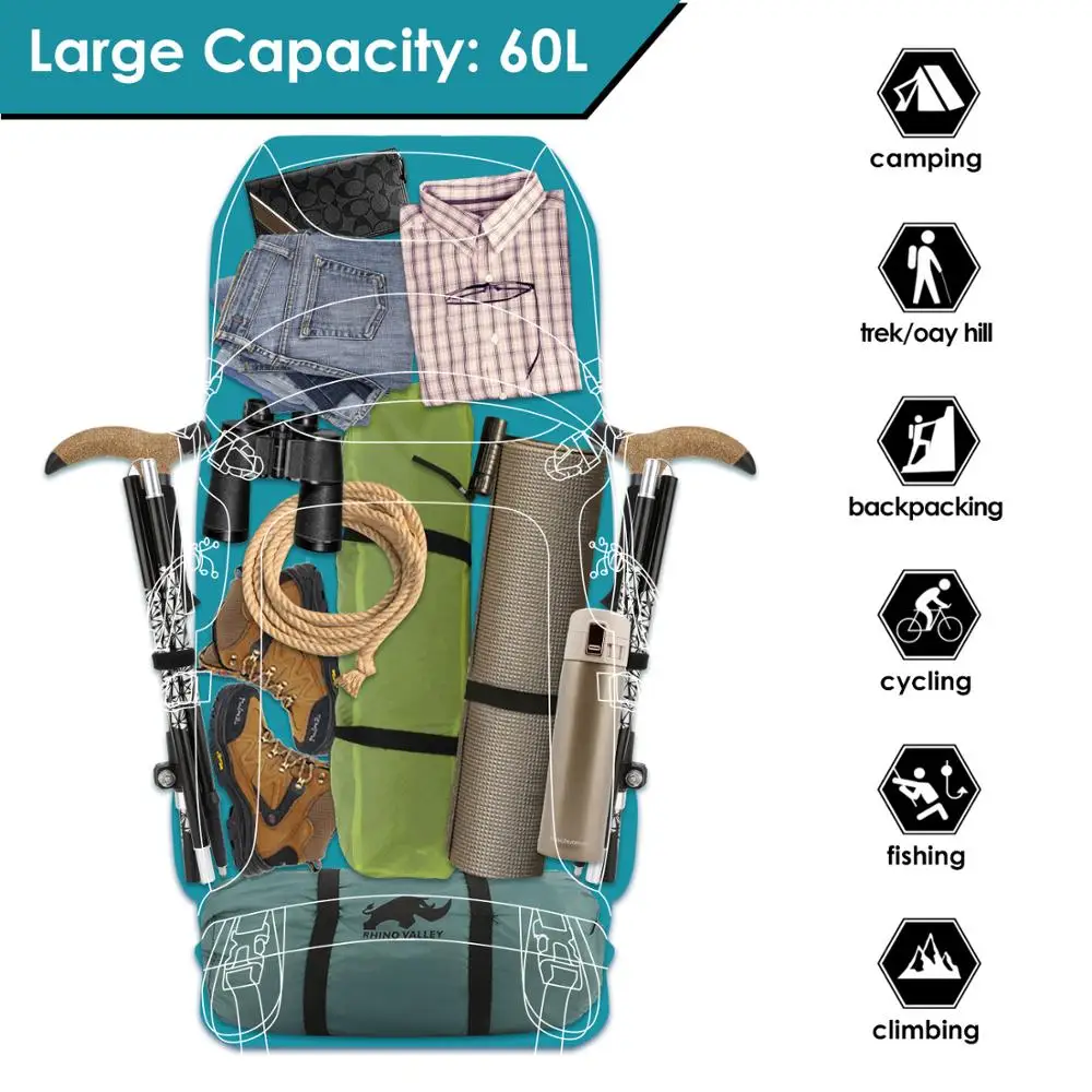 60L внутренний раме походный рюкзак прочный с дождем для активный отдых