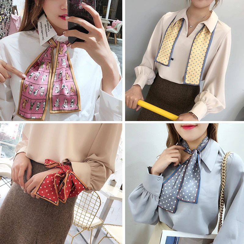 Женский тонкий шарф в горошек шелковый с леопардовым принтом маленькая сумка