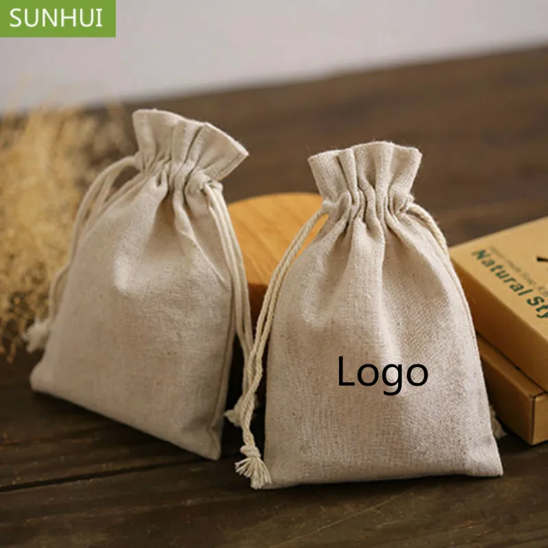 

50PCS Natural Linen Gift Bag Packaging Jewelry Drawstring Pouches Makeup Birthday Wedding Party Storage Custom Sachet Print Logo