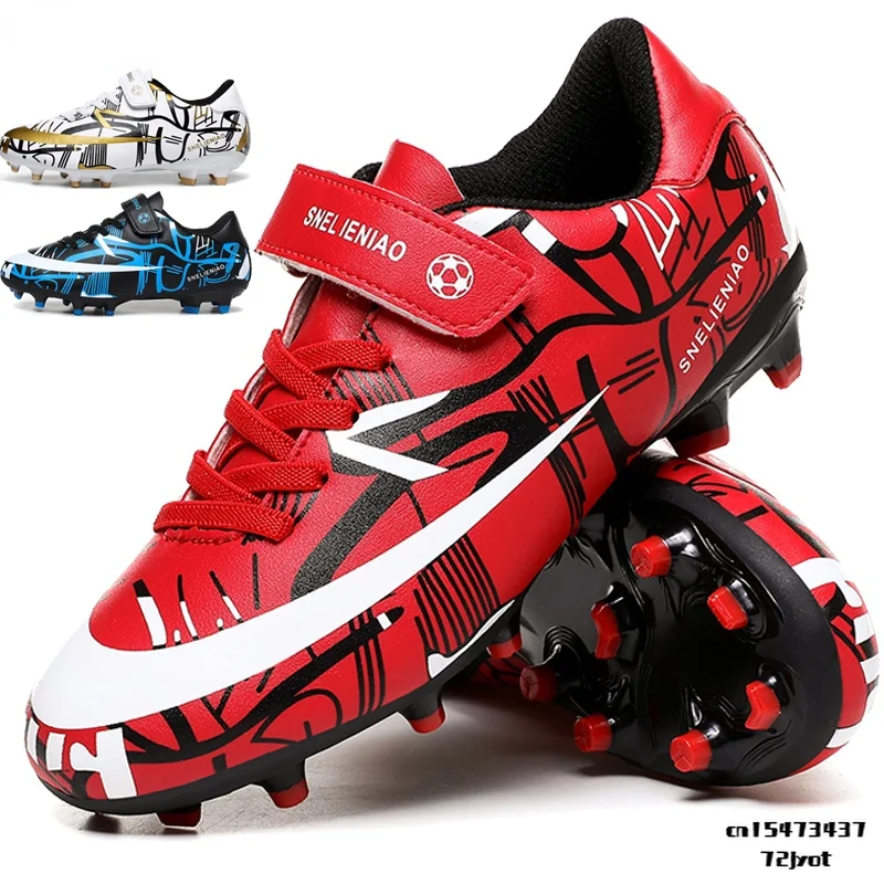 

Children's Soccer Shoes Long Spikes Ankle Football Boots TF/FG Outdoor Grass Cleats Football Shoes chuteira futebo Size 30-37